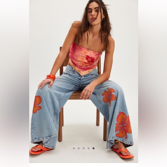Free People Blue Flare Jeans with Orange Floral Design🌟 - Picture 6 of 10
